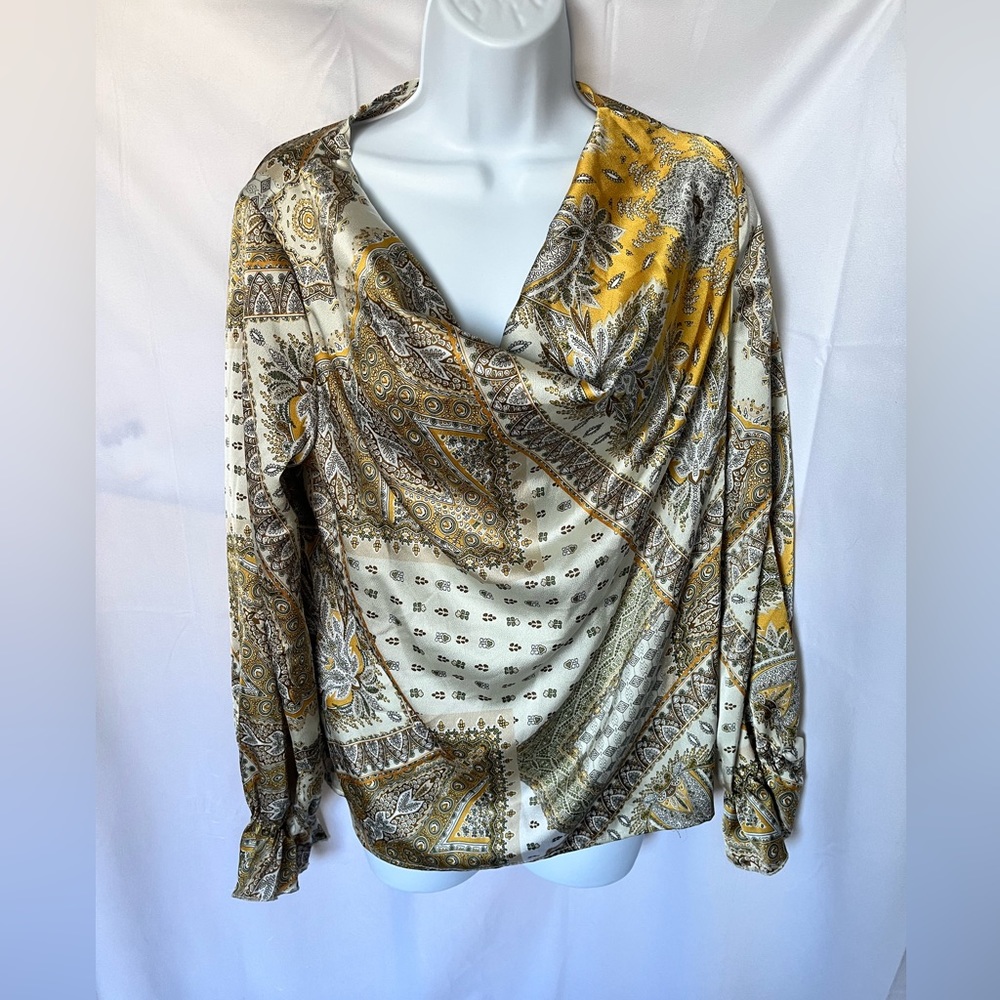 Cowl Neck Paisley Print Flounce Sleeve Blouse